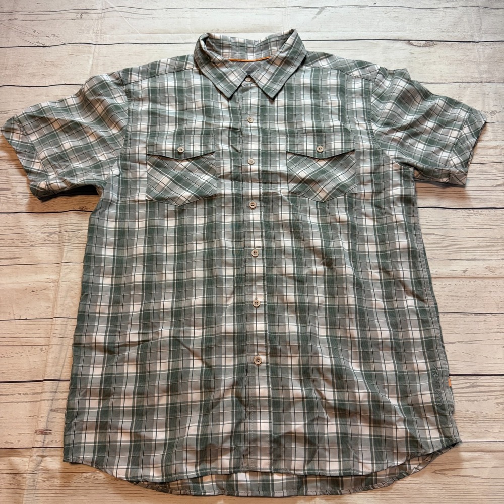 Quicksilver Gray and Green Plaid Button Up Short Sleeve Shirt Men's Size Large